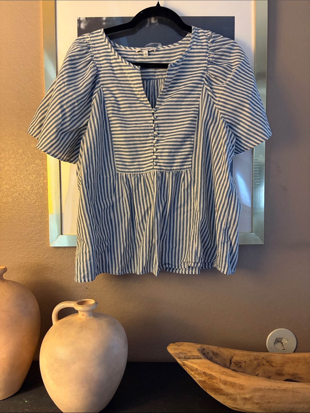 Madewell Blue and White Striped Button-Front Peasant Top
